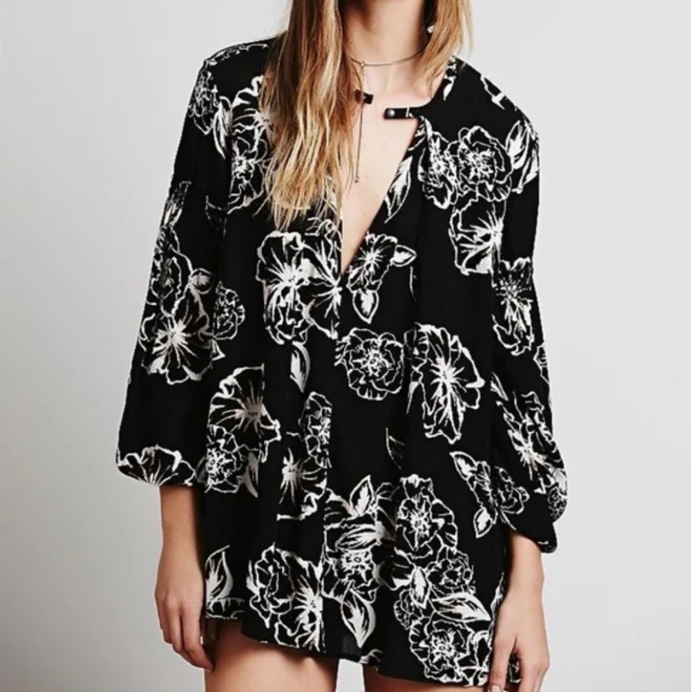 Free People Floral Long Sleeve Swing Mini Dress